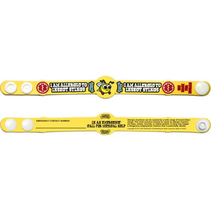 Allergy alert bands with cartoon character and text on a yellow background - okotoks hc pharmacy