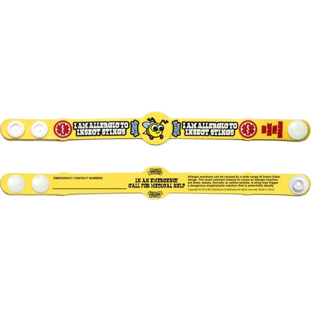 Allergy alert bands with cartoon character and text on a yellow background - okotoks hc pharmacy