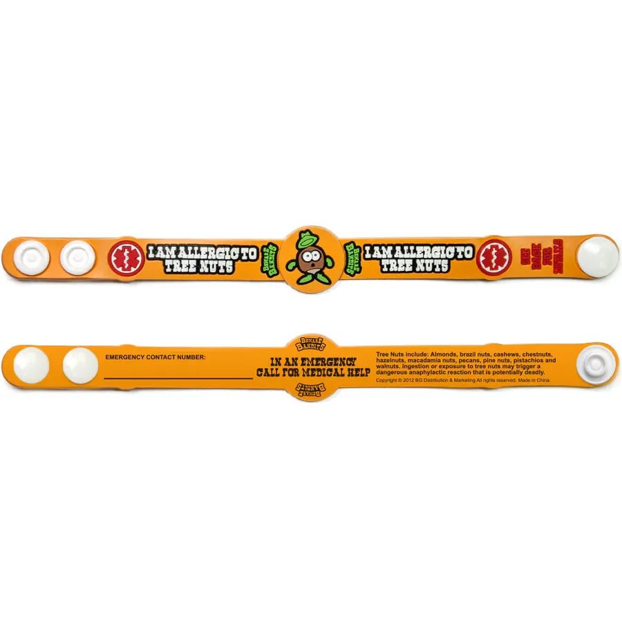 Allergy alert wristbands with tree nut allergy text on an orange background - okotoks hc pharmacy