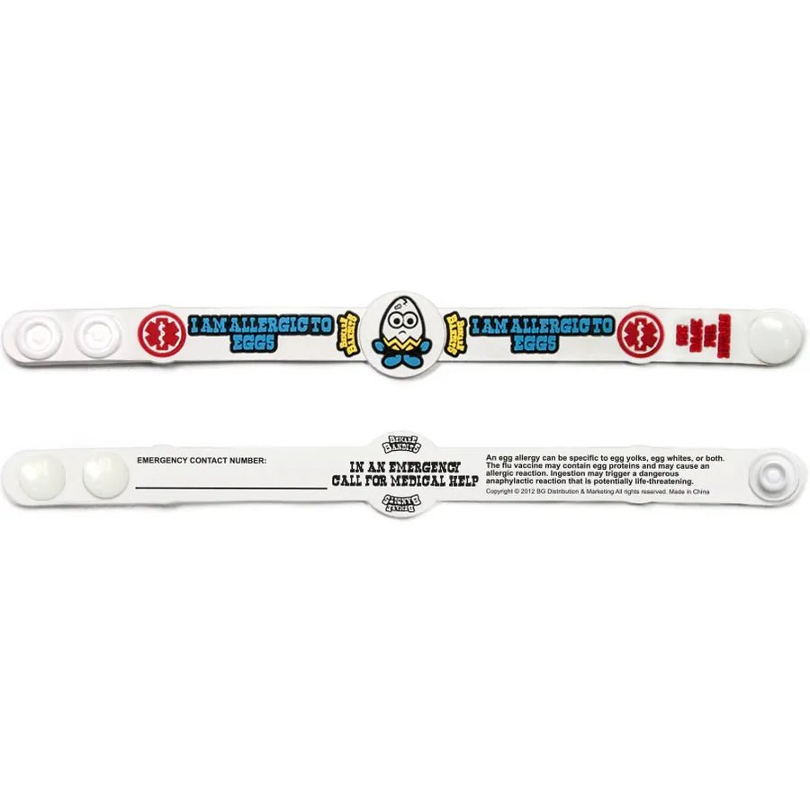 Allergy alert bands for eggs with emergency contact information on a white background - okotoks hc pharmacy