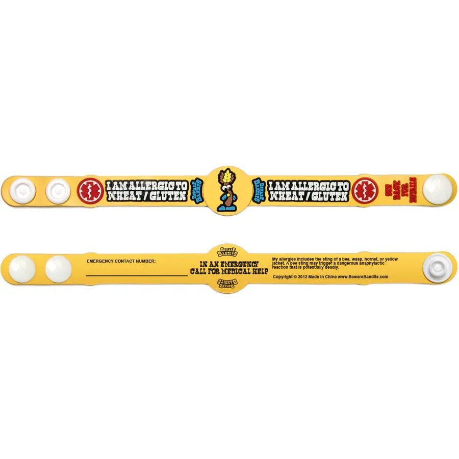 Two allergy identification bands with text and symbols on a yellow background - okotoks hc pharmacy