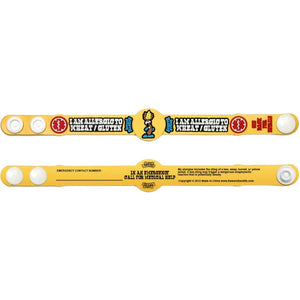 Two allergy identification bands with text and symbols on a yellow background - okotoks hc pharmacy