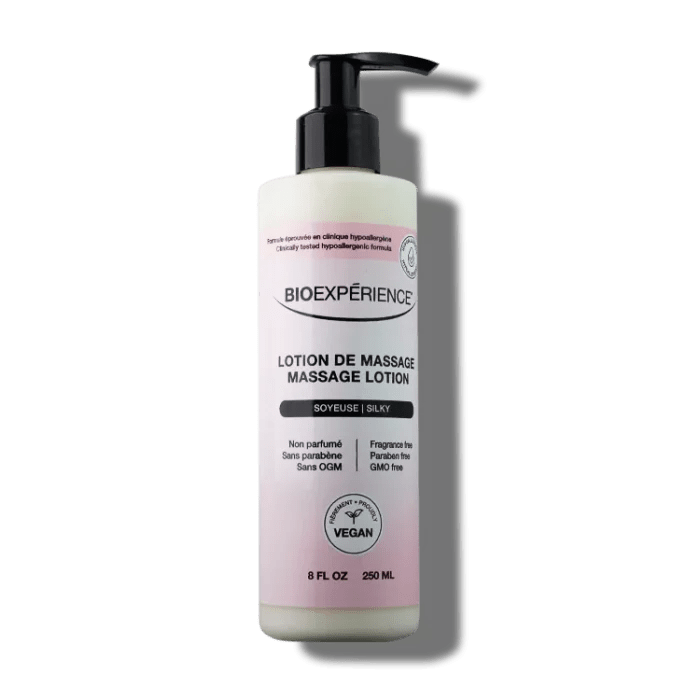 Massage lotion bottle with pump from BioExperçience on a white background - okotoks hc pharmacy