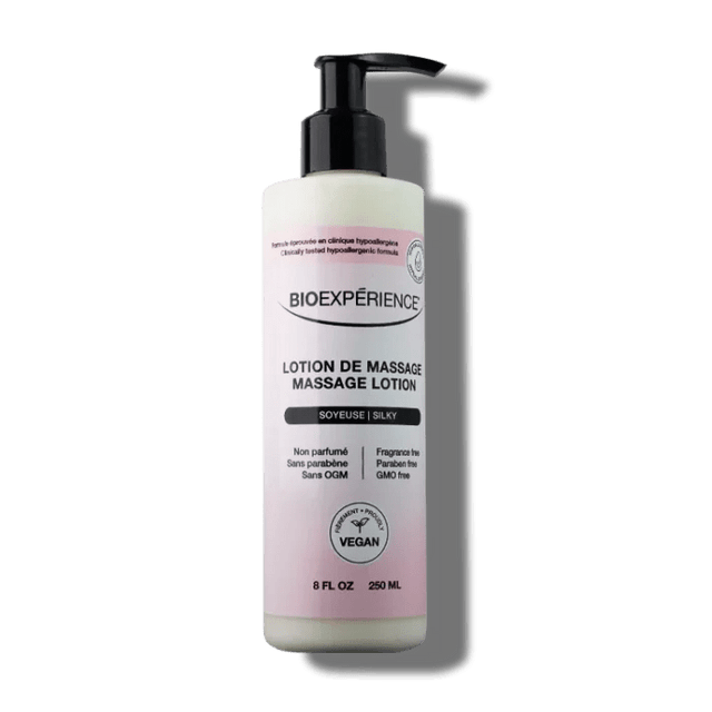 Massage lotion bottle with pump from BioExperçience on a white background - okotoks hc pharmacy