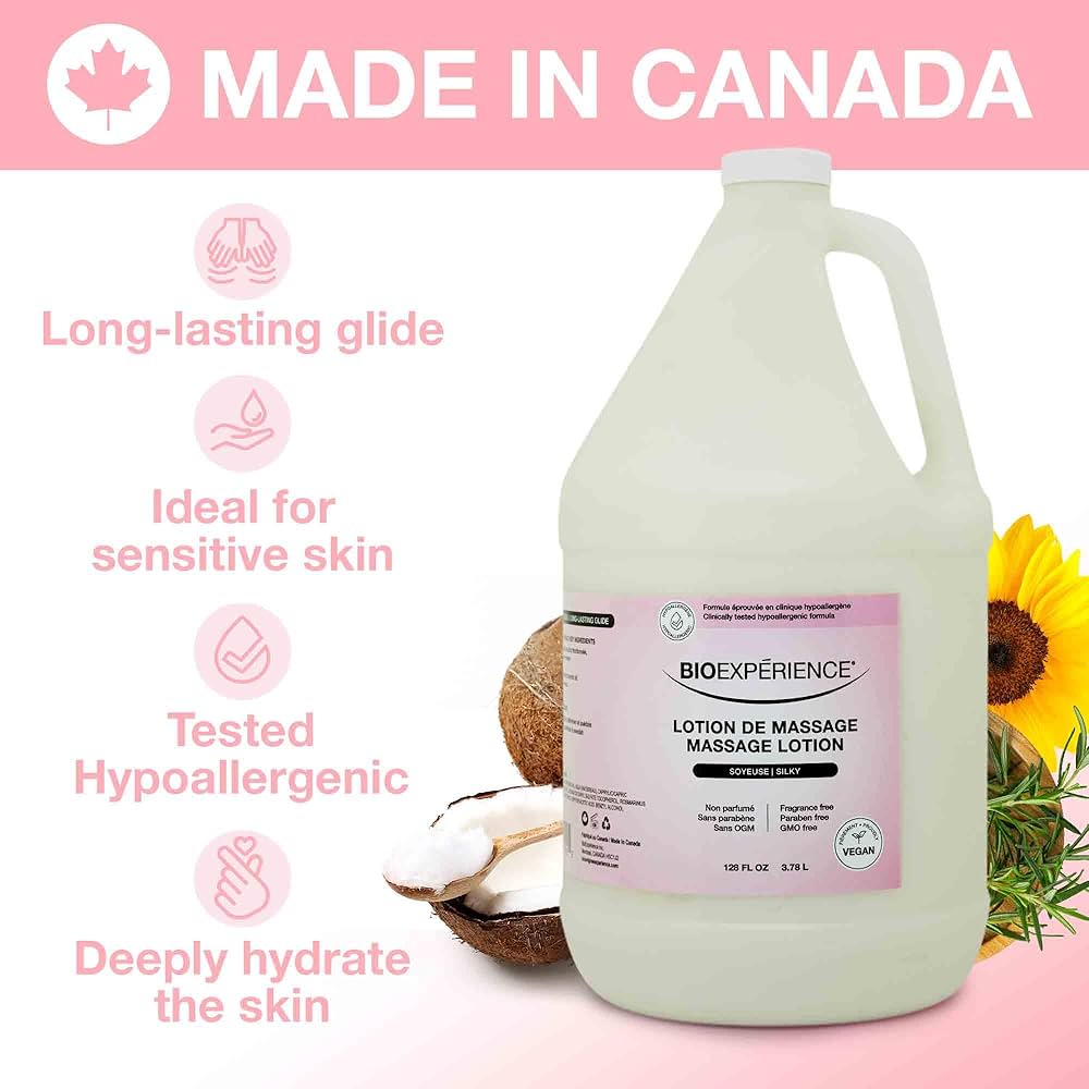 Massage lotion bottle with product features on a pink background, labeled 'Made in Canada'. - okotoks hc pharmacy