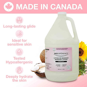 Massage lotion bottle with product features on a pink background, labeled 'Made in Canada'. - okotoks hc pharmacy