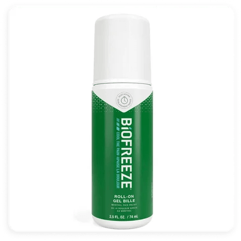 Biofreeze roll-on gel bottle on a white background - okotoks hc pharmacy