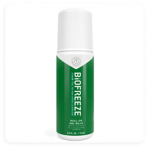 Biofreeze roll-on gel bottle on a white background - okotoks hc pharmacy