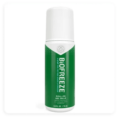 Biofreeze roll-on gel bottle on a white background - okotoks hc pharmacy