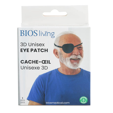 Packaging of BIOS living 3D Unisex Eye Patch with a man wearing the eye patch on a white background. - okotoks hc pharmacy