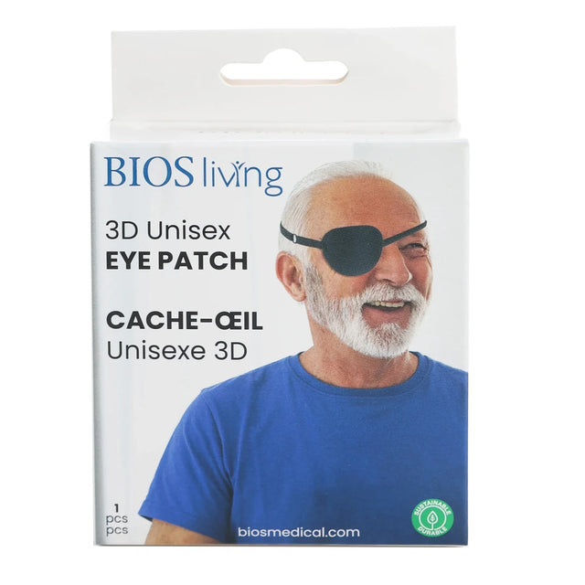 Packaging of BIOS living 3D Unisex Eye Patch with a man wearing the eye patch on a white background. - okotoks hc pharmacy