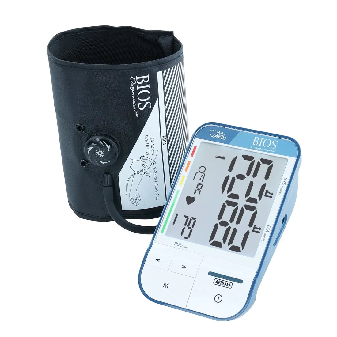 Blood pressure monitor with digital display and cuff on a white background - okotoks hc pharmacy