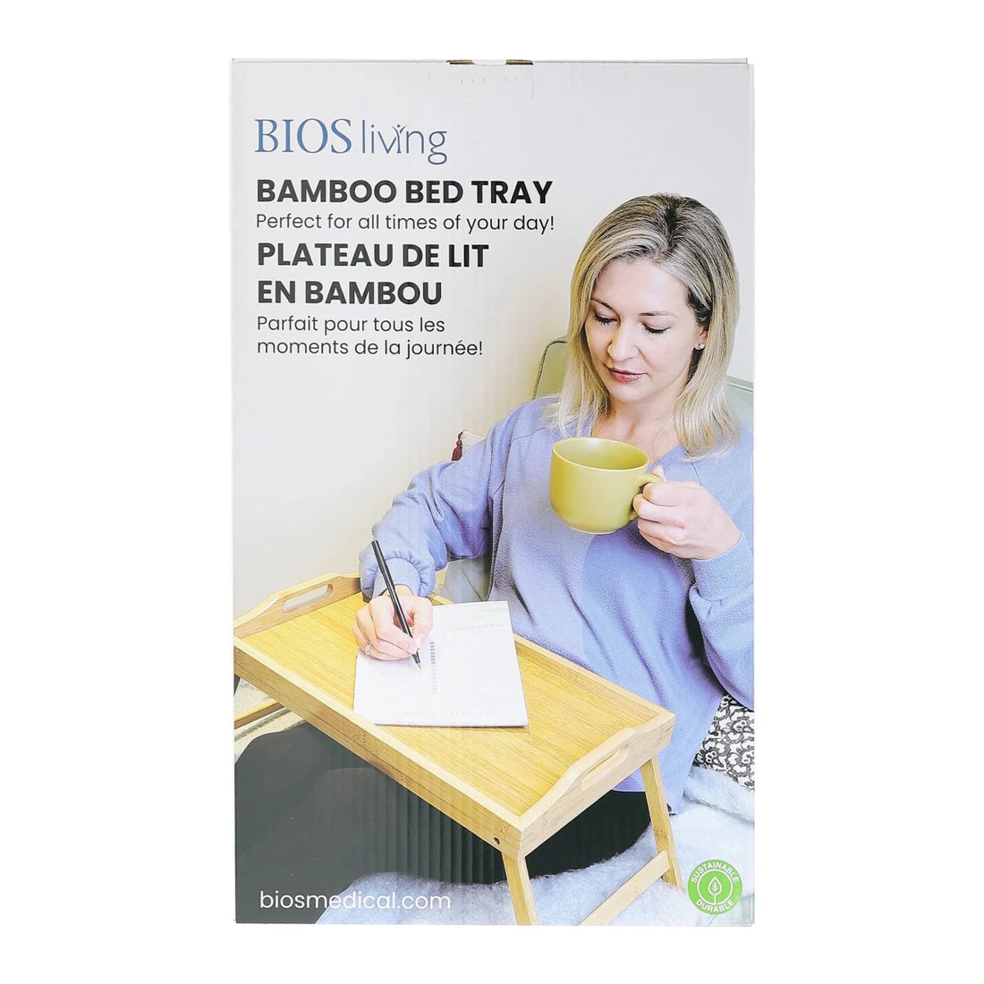 Bamboo bed tray product packaging with a woman using it. - okotoks hc pharmacy