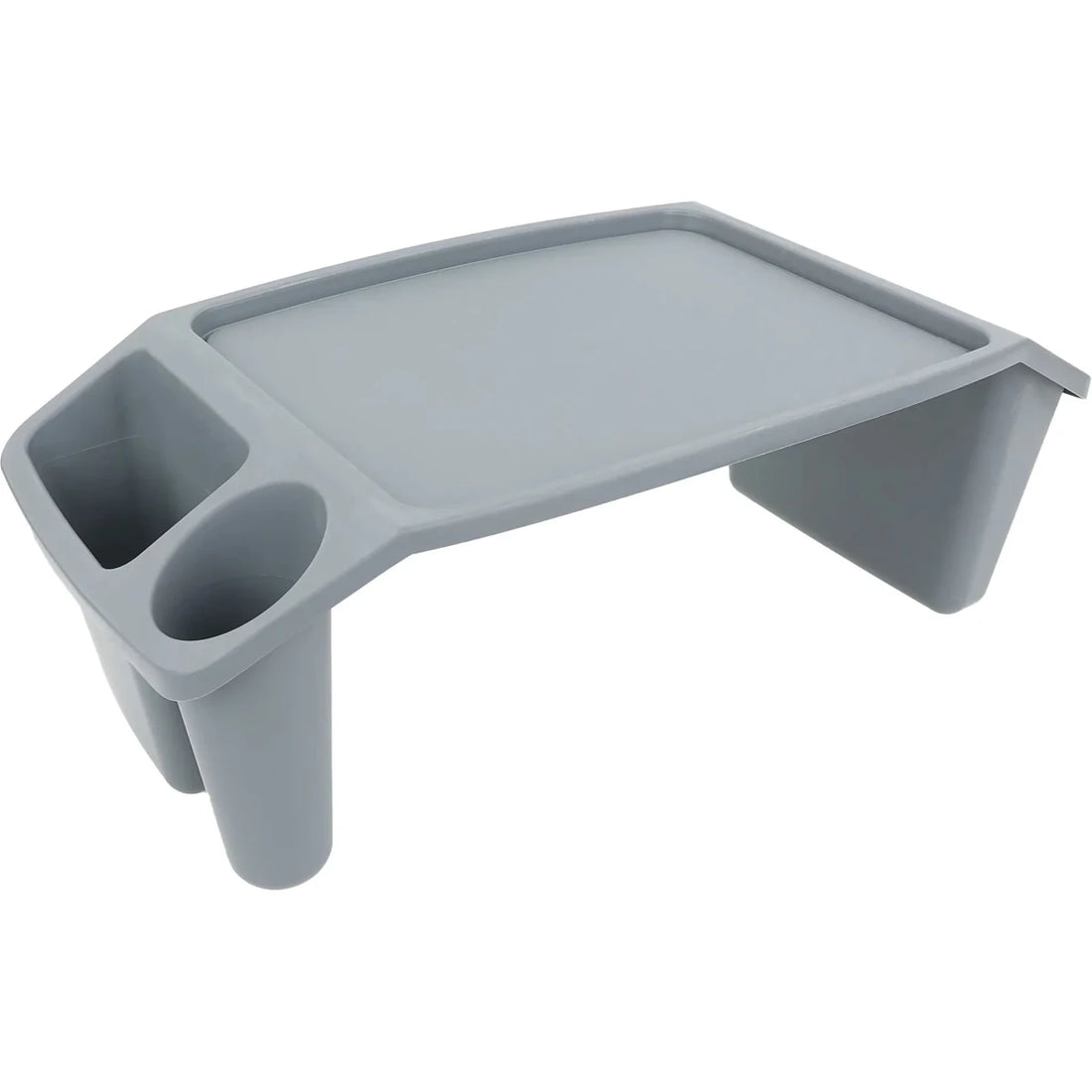 Gray adjustable tray with cup holder on a white background - okotoks hc pharmacy