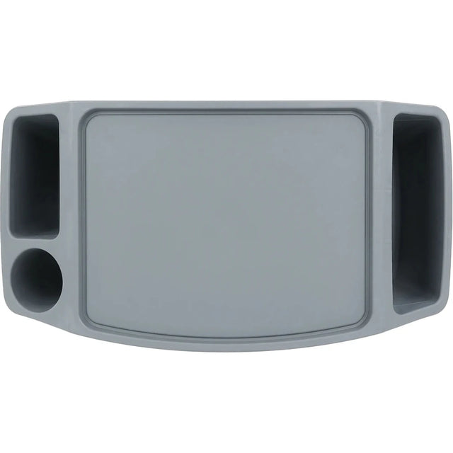 Gray plastic tray with rounded corners and circular holes on a gray background - okotoks hc pharmacy