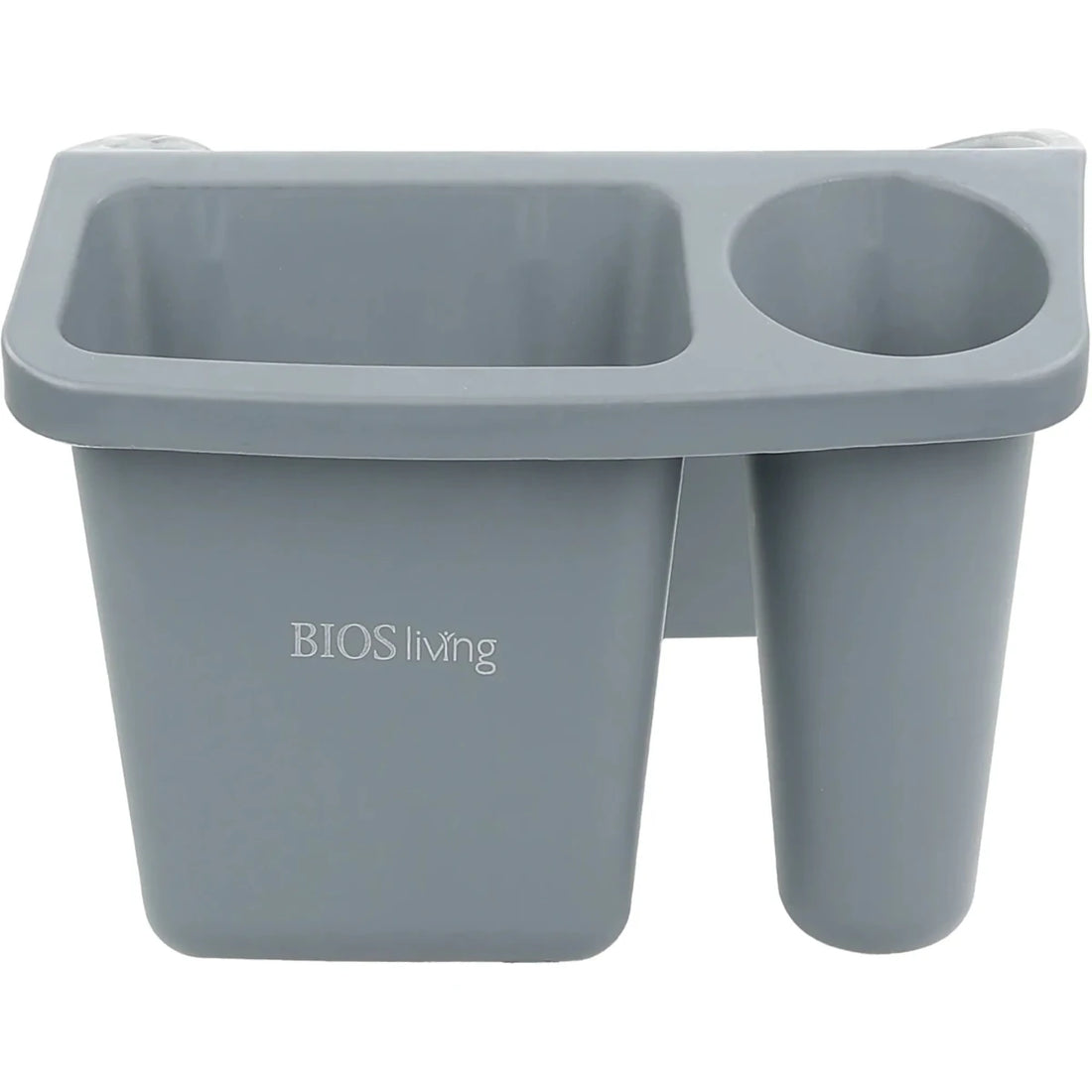 Gray cup holder with two compartments on a white background, featuring the 'BIOS living' brand. - okotoks hc pharmacy