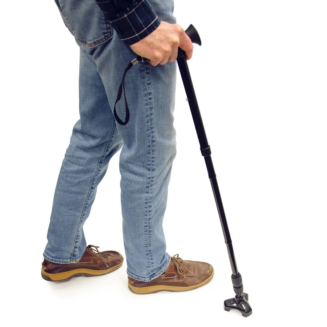 Person holding a black walking cane on a white background - okotoks hc pharmacy