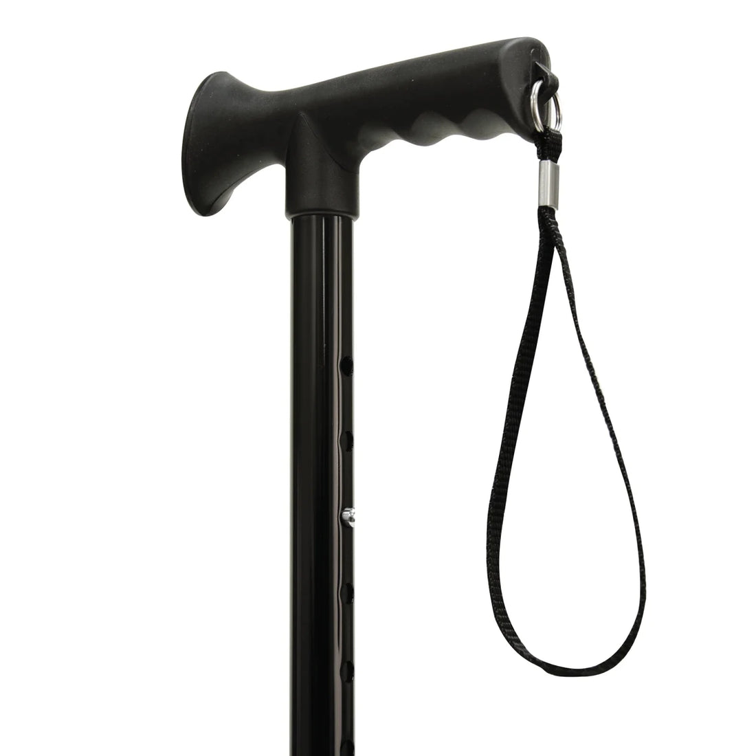 Black walking cane with a handle and strap on a white background - okotoks hc pharmacy