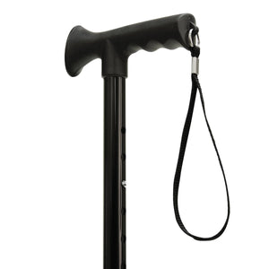 Black walking cane with a handle and strap on a white background - okotoks hc pharmacy