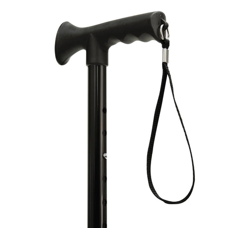 Black walking cane with a handle and strap on a white background - okotoks hc pharmacy