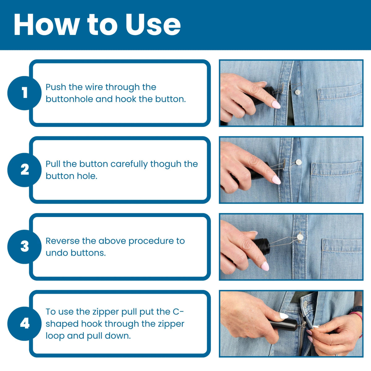 Instructions on how to use a button and zipper tool with text and images.  -okotoks hc pharmacy