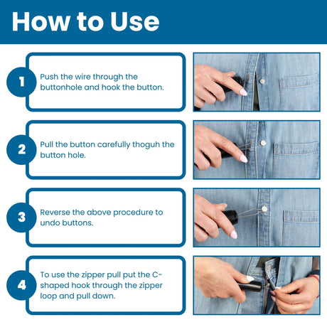 Instructions on how to use a button and zipper tool with text and images.  -okotoks hc pharmacy