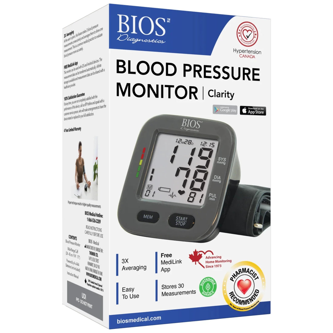 Box of BIOS Blood Pressure Monitor on a white background - okotoks hc pharmacy