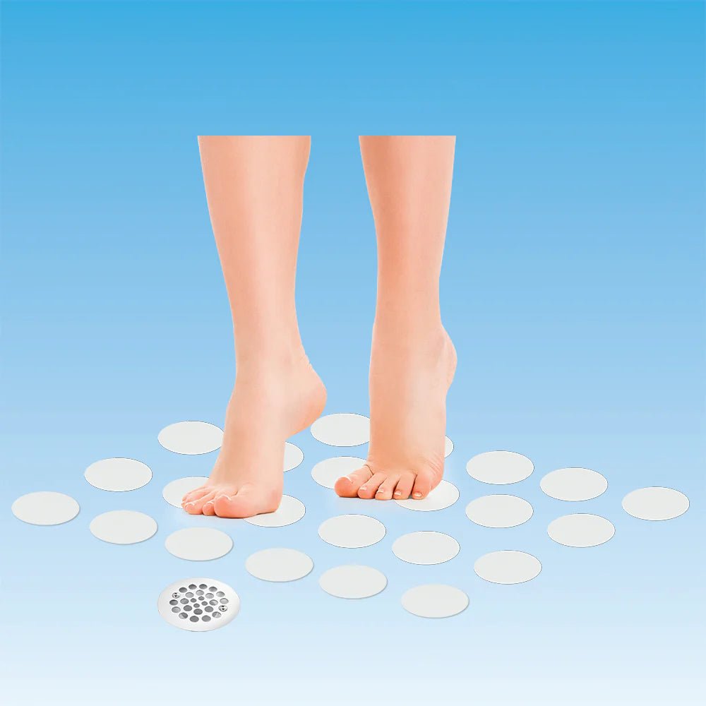 Feet stepping onto circular white pads arranged in a pattern on a blue background - okotoks hc pharmacy