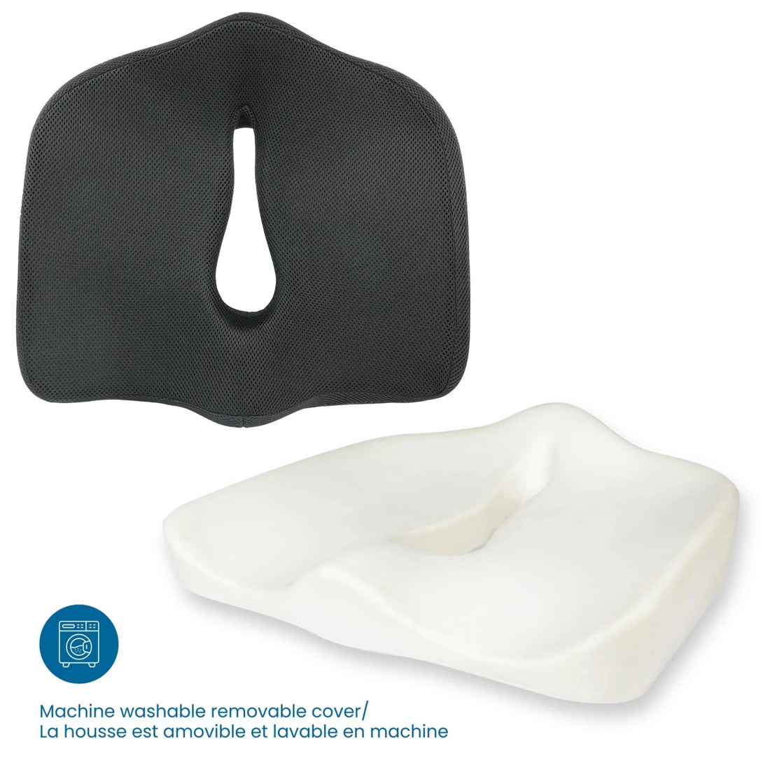 Black and white seat cushion on a white background with machine washable feature label. - okotoks hc pharmacy