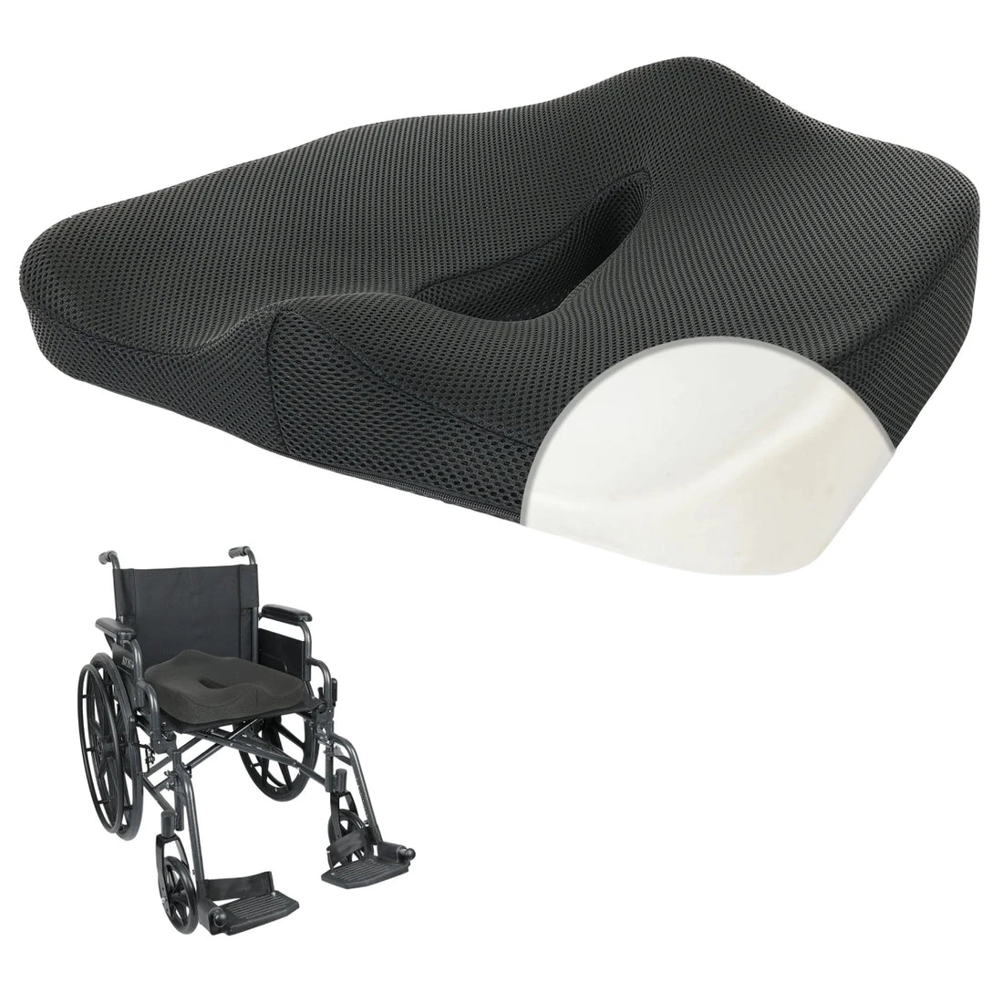 Ergonomic seat cushion with a wheelchair on a white background - okotoks hc pharmacy