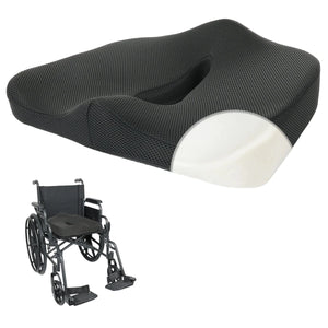Ergonomic seat cushion with a wheelchair on a white background - okotoks hc pharmacy