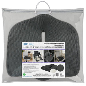 Coccyx orthopedic memory foam cushion in packaging with BIOS living label. - okotoks hc pharmacy