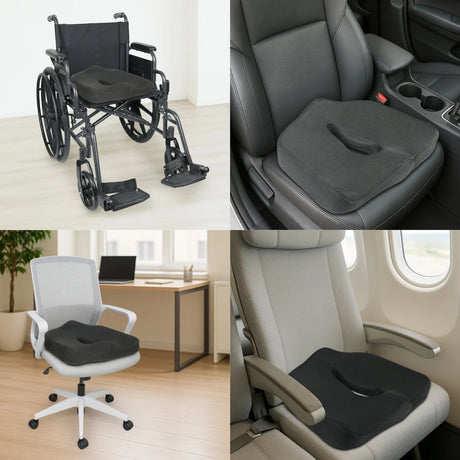 Collage of wheelchair, car seat, office chair, and airplane seat with cushioned areas. - okotoks hc pharmacy