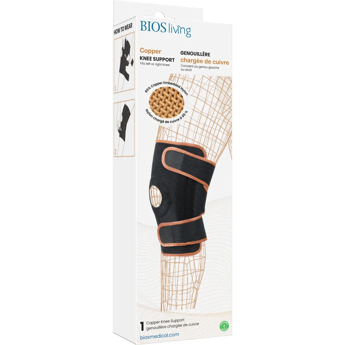 Knee support with copper therapy on packaging, featuring BIOS living brand. - okotoks hc pharmacy