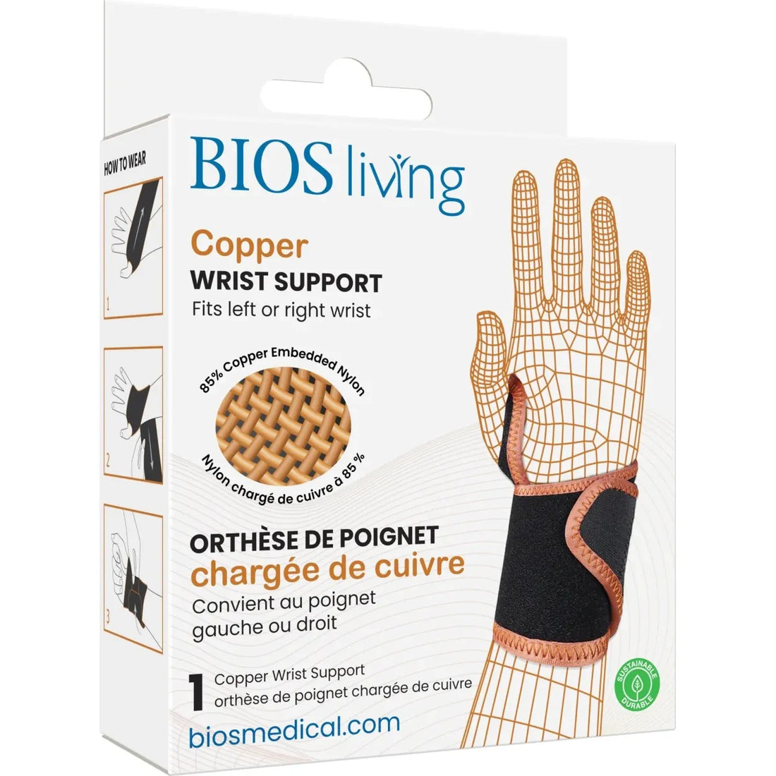 BIOS living Copper Wrist Support packaging with a glove illustration on a white background - okotoks hc pharmacy