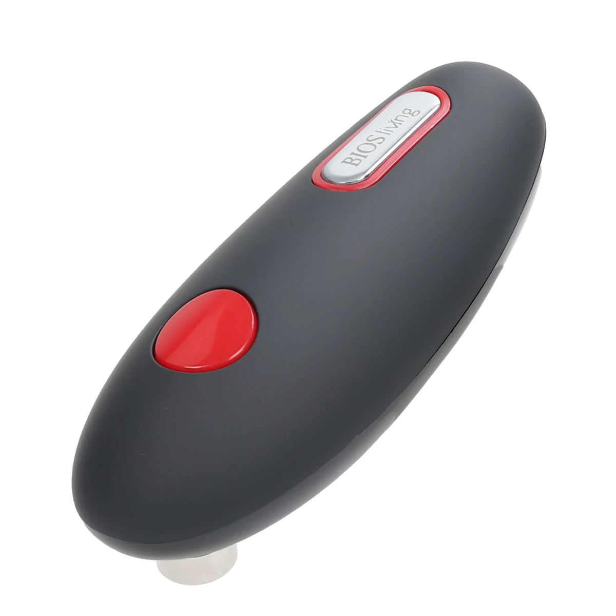 Black handheld can opener device with a red button on a white background - okotoks hc pharmacy