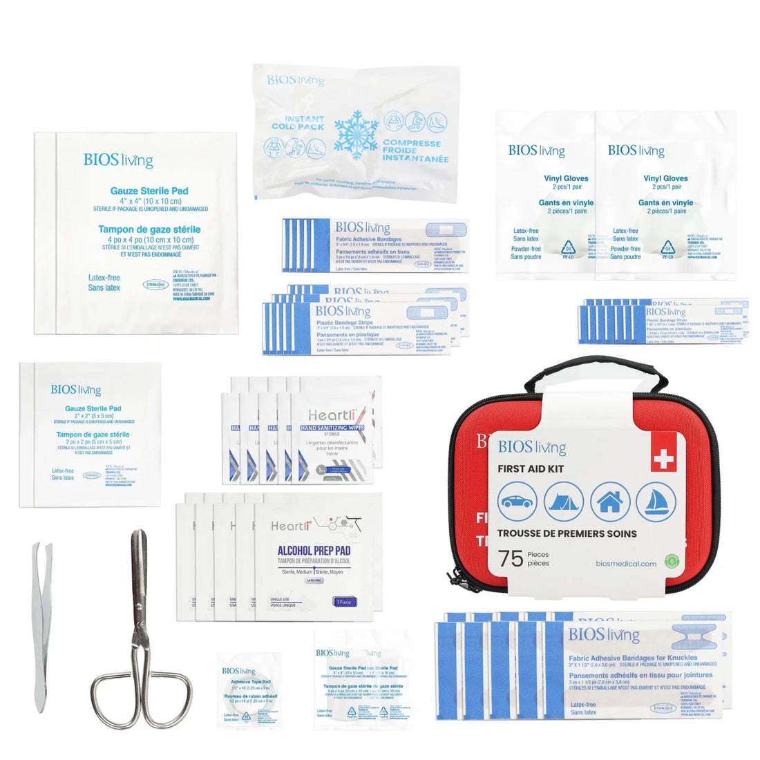 Collection of BIOS first aid supplies including a kit, gauze, gloves, and scissors on a white background. - okotoks hc pharmacy