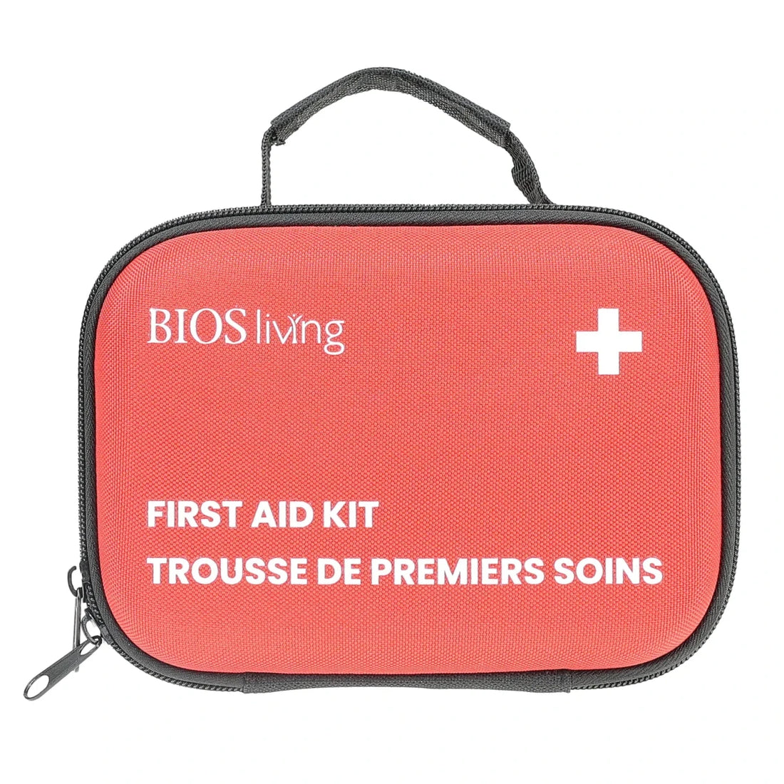 Red first aid kit with BIOS living branding on a white background - okotoks hc pharmacy