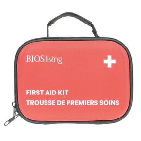 Red first aid kit with BIOS living branding on a white background - okotoks hc pharmacy