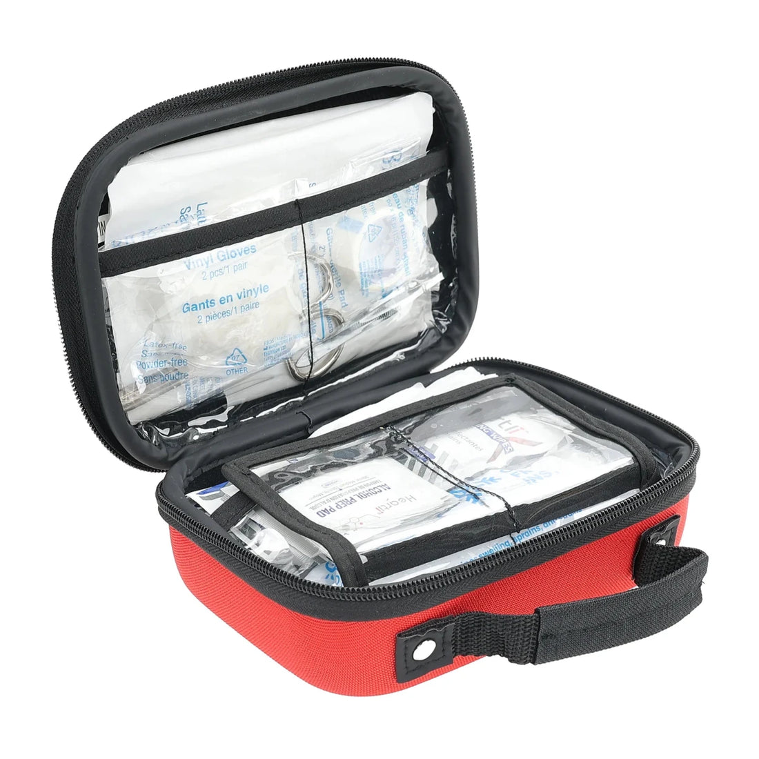 Red first aid kit with open lid showing medical supplies on a white background - okotoks hc pharmacy