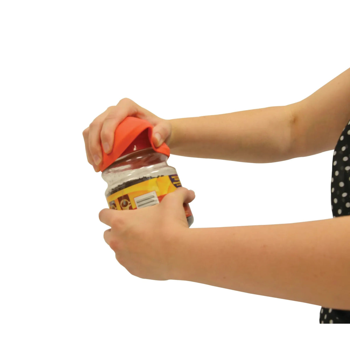 Person using a jar opener on a jar with a white background - okotoks hc pharmacy