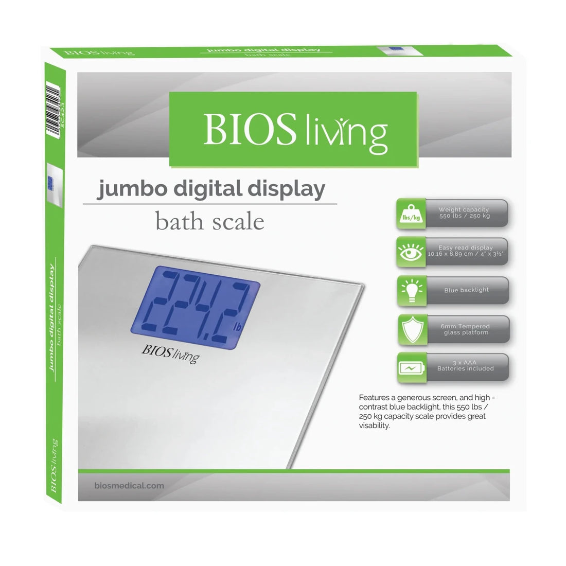 Box of BIOS living jumbo digital display bath scale with digital display on packaging. - okotoks hc pharmacy