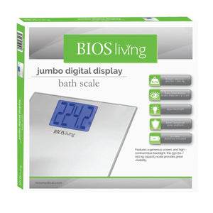 Box of BIOS living jumbo digital display bath scale with digital display on packaging. - okotoks hc pharmacy