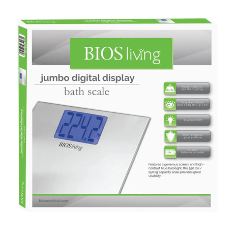 Box of BIOS living jumbo digital display bath scale with digital display on packaging. - okotoks hc pharmacy