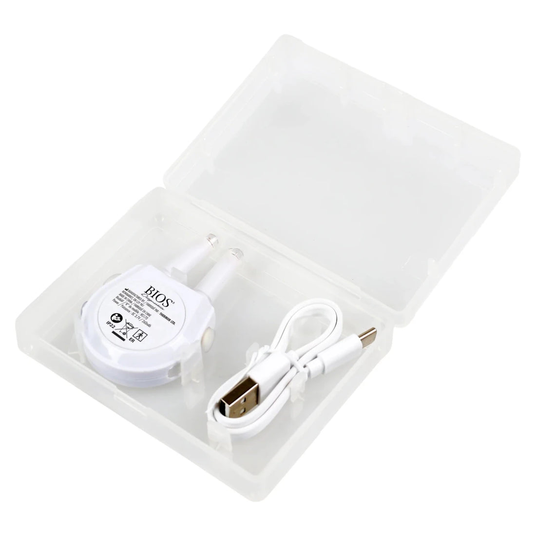 White electronic device with USB cable in a clear plastic case on a white background - okotoks hc pharmacy