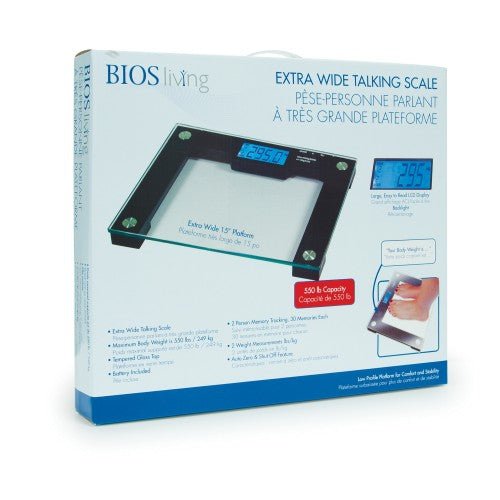 Box of BIOS living extra wide talking scale on a white background - okotoks hc pharmacy