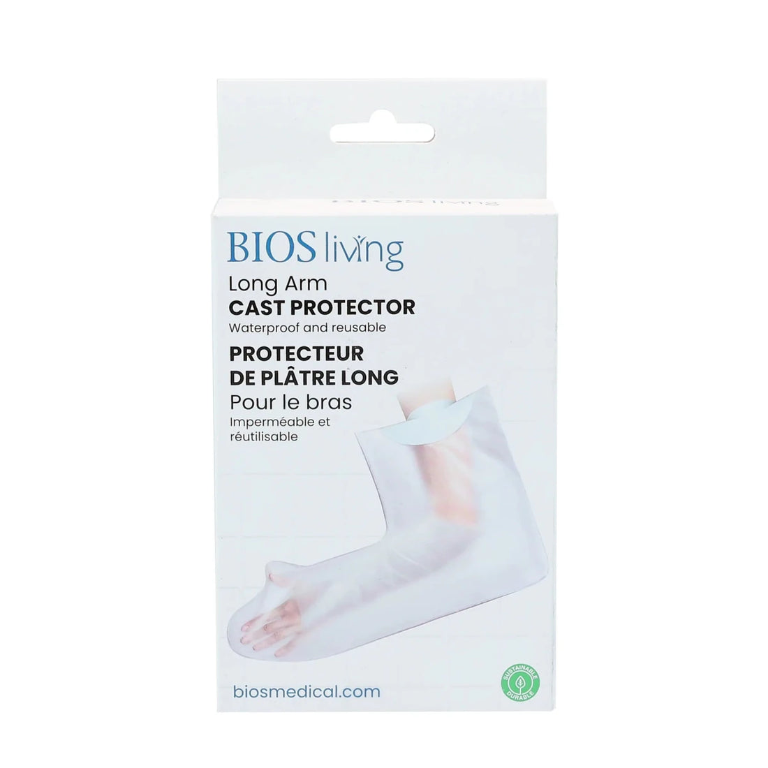 BIOS living Long Arm Cast Protector packaging, featuring a white box with a photo of a foot in a transparent cast sleeve and blue and black text. - okotoks hc pharmacy