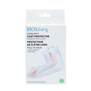 BIOS living Long Arm Cast Protector packaging, featuring a white box with a photo of a foot in a transparent cast sleeve and blue and black text. - okotoks hc pharmacy