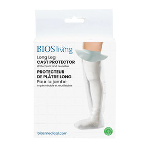 BIOS living Long Leg Cast Protector packaging, featuring a white box with blue text and a graphic of a leg wearing a white cast protector. - okotoks hc pharmacy