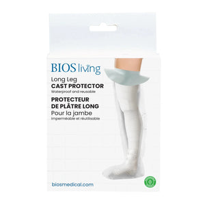 BIOS living Long Leg Cast Protector packaging, featuring a white box with blue text and a graphic of a leg wearing a white cast protector. - okotoks hc pharmacy